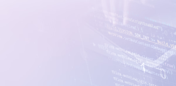 Abstract hero banner featuring a developer's hands coding on a touchscreen interface with digital overlays of software source code and binary numbers.