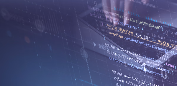 Abstract hero banner featuring a developer's hands coding on a touchscreen interface with digital overlays of software source code and binary numbers.