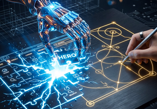 Abstract 3D robotic hand assembling cracked puzzle website while human hand draws golden geometric layout path in dark mode technical.
