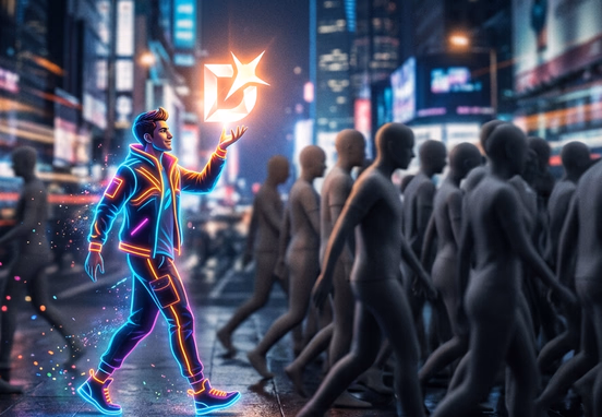 Generic gray silhouette in crowd of clones contrasted with bright neon individual holding unique glowing symbol brand differentiation.