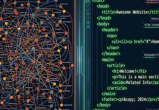 Side-by-side code comparison showing chaotic nested nodes versus organized glowing green semantic HTML hierarchy high-tech UI design.