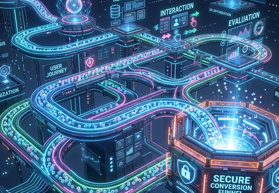3D floating user journey pathway with clean neon trails guiding users into secure conversion funnel element abstract engineering.