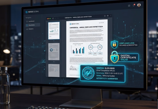 Premium dark corporate desktop with glowing digital signatures, official documents and compliance security locks interface design.