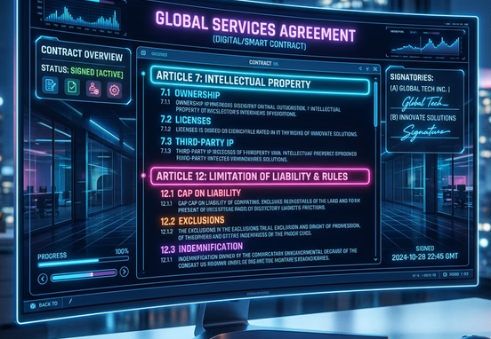 Modern neon-lit digital contract interface highlighting IP and liability clause headers in professional corporate tech aesthetic.