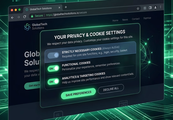 Clean browser privacy banner with toggles for user data tracking cookies and glowing green secure network layers background.