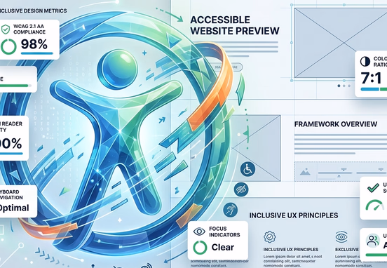 Abstract 3D universal access icon blending with clean website wireframe highlighting inclusive accessible design metrics layout.