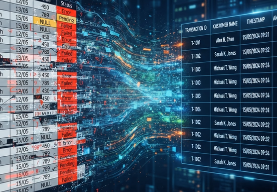 Spreadsheet grid with distorted visual elements transforming into a perfectly aligned and structured digital database stream