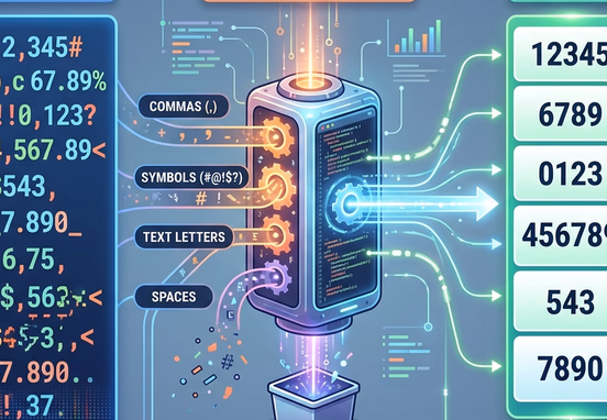 Automated backend code filter stripping out illegal text symbols and commas from a data column to isolate pure numbers