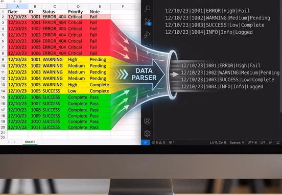 Spreadsheet rows highlighted in bright red yellow and green losing their color as they pass into a plain text data parser