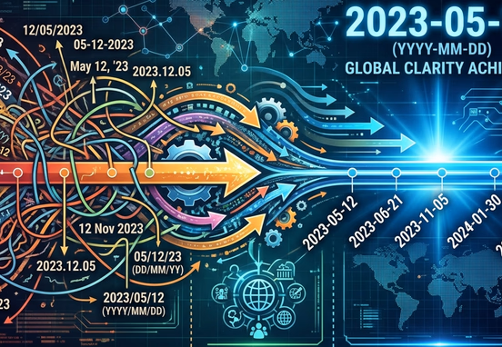 Digital timeline illustrating the confusion between international date formats transforming into a uniform ISO 8601 standard