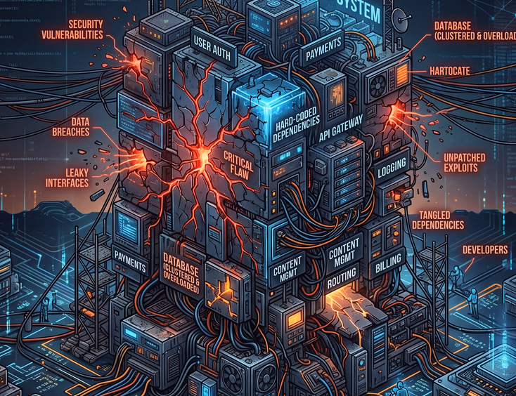 A fragile monolithic software architecture with visible security cracks and cluttered isometric digital structures highlights system risks.