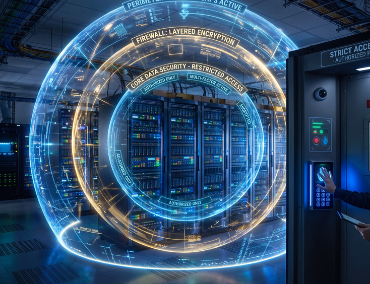 A modern server room is protected by multi-layered security shields, firewall boundaries, and strict digital access control protocols.