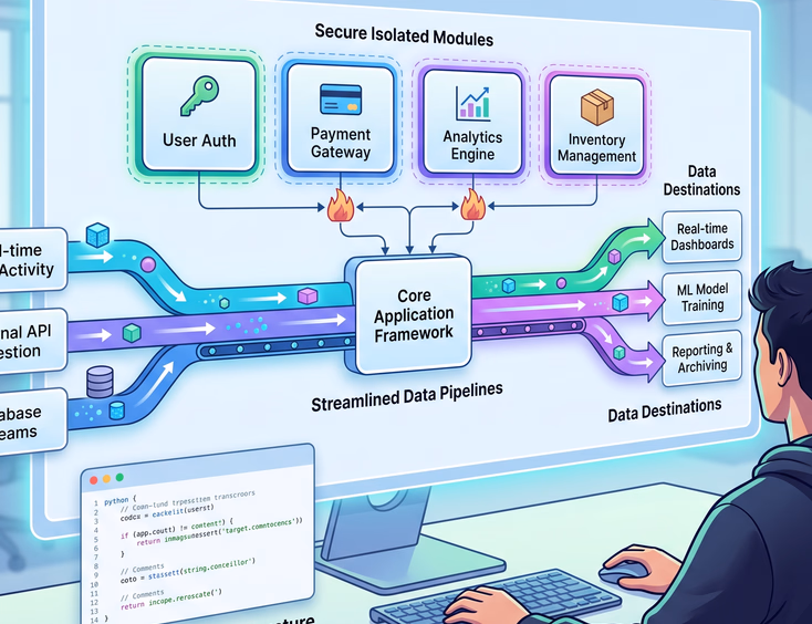 A modern application framework features streamlined data pipelines, clean code structure, and isolated modules for high data security.