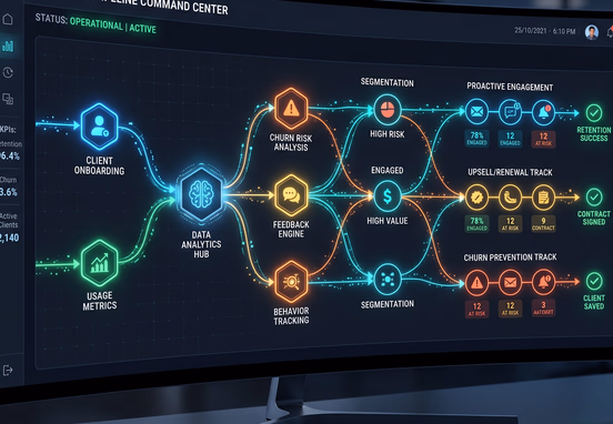 Sleek digital dashboard showcasing automated client retention pipeline with glowing visual nodes routing data streams for modern tech
