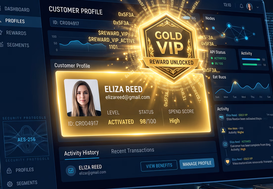Conceptual database interface with customer profile highlighted with illuminated gold VIP badge and cryptographic code patterns for security