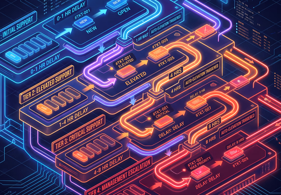 Structured flowchart matrix showing tickets automatically elevating through multi-tiered neon paths based on time delays for workflow