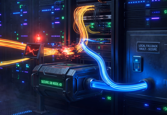Bulletproof database node rerouting broken data stream into secure local fallback storage vault with glowing nodes for data resilience