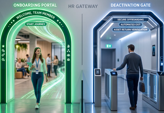 HR gateway with onboarding portal and automated deactivation gate for identity management and access control in modern tech