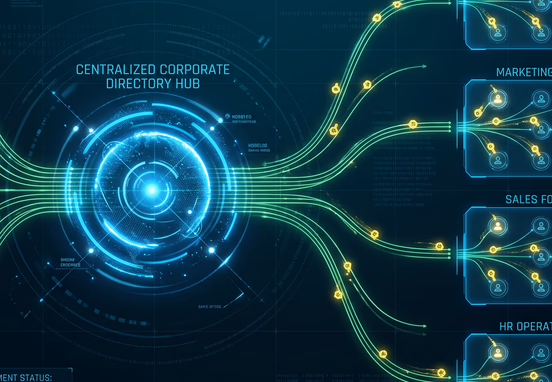 Centralized corporate directory distributing glowing software access keys to structured team groups for high tech data visualization