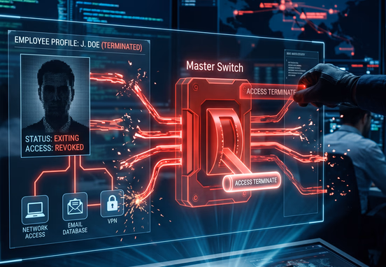 Digital master switch severing red authentication lines from exiting employee profile in cybersecurity theme for access control
