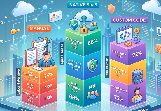 Modern 3D column chart comparing manual, native SaaS, and custom code identity management systems in clean vector design