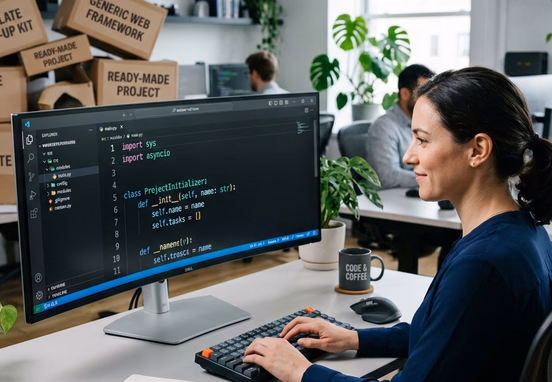 Professional developer starting clean custom source code project on ultra-wide monitor bypassing generic template boxes in corporate workspace.