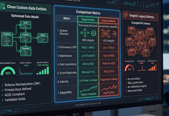 Modern UI showing technical comparison matrix between clean custom data entities and corrupted legacy database schema visualization.