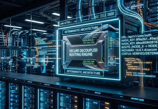 High-tech server environment with glowing code and secure decoupled routing engine matching deterministic URL pathways networking.