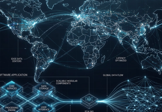Sophisticated digital architecture blueprint of modular software application scaling smoothly across global edge networks engineering.