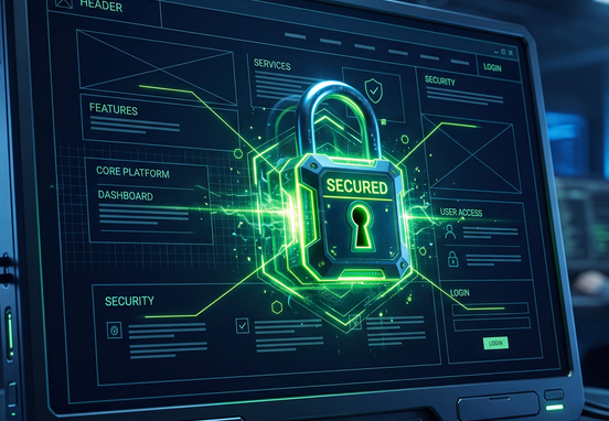 Glowing digital padlock securing clean corporate website wireframe in ultra-modern tech aesthetic with dark blue and neon green tones.