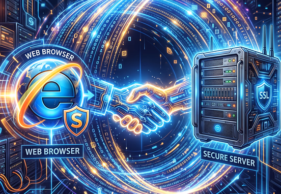 Stylized glowing digital handshake between web browser and secure server blade with encrypted data tunnel in high-tech concept art.