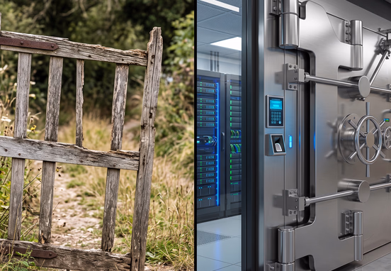 Split-screen comparison of fragile wooden gate versus engineered steel vault door protecting data in clean corporate design style.