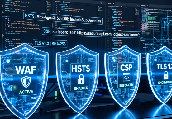Row of glowing transparent armor shields protecting clean code with HSTS and CSP security protocol text overlays on monitor screen.