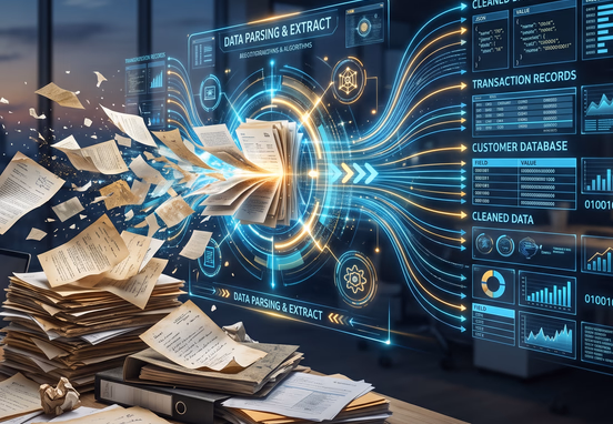 Elegant glowing digital interface transforming manual documents into clean structured data streams for modern data management solutions