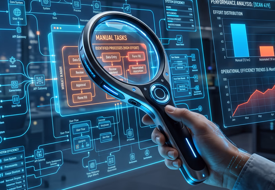 Futuristic magnifying glass scanning holographic web layout to isolate manual tasks and display performance analytics and metrics