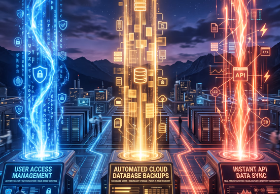 Three distinct glowing energy pillars representing user access management, cloud database backups, and instant API data synchronization