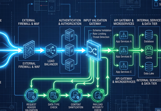 Structured network architecture blueprint with directional arrows showing light flowing through input-validation checkpoints for security
