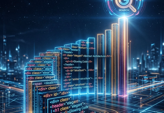 Elegant abstract architecture with glowing HTML code tags forming upward bar graph toward search engine icon in sleek dark tech aesthetic.