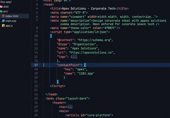 High-end code editor with HTML tags, JSON-LD schema and metadata blocks in neon blue accents within corporate technology design system.