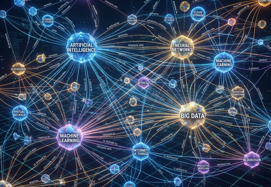 Complex futuristic semantic network graph with floating entity nodes and interactive keyword data lines on dark grid high-tech concept.