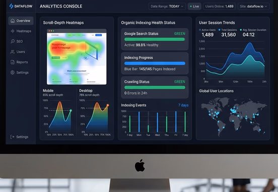 Professional real-time analytics console displaying scroll-depth heatmaps, organic indexing status and session trends clean minimalist.