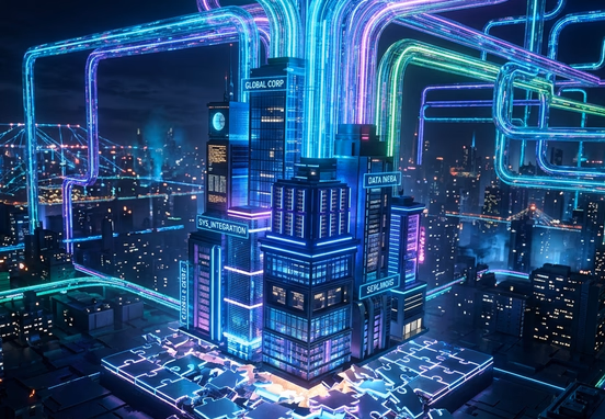 Giant corporate stack outgrowing a small puzzle-piece platform transitioning into massive clean neon data pipelines