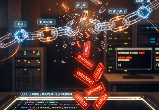 Fragile visual automation chain breaking mid-air causing red warning blocks to drop while code boundaries remain secure