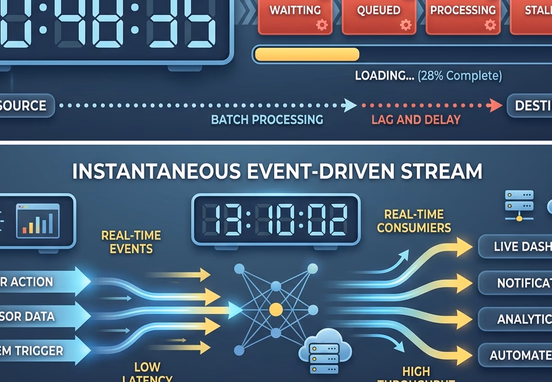 Digital clock ticking slowly next to a backed-up loading queue versus an instantaneous event-driven stream