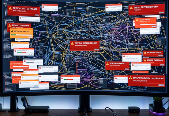 Tangled and chaotic visual node tree completely overloading a computer screen with error alerts in clean tech aesthetic