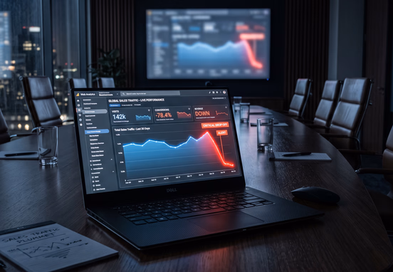 Corporate boardroom laptop showing web analytics dashboard with red sales traffic drop-off in dark dramatic lighting and technical aesthetic.