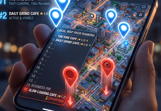 3D city map on smartphone showing slow-loading business pin at bottom while fast-loading pins glow at top of local map pack ranking.