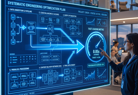 Glowing blue architectural blueprint with systematic optimization plan and arrows pointing to fast loading metric in tech office.