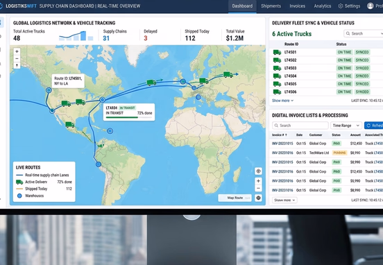 Professional split screen dashboard showing real-time logistics mapping supply chains and delivery trucks syncing instantly with digital invoice lists