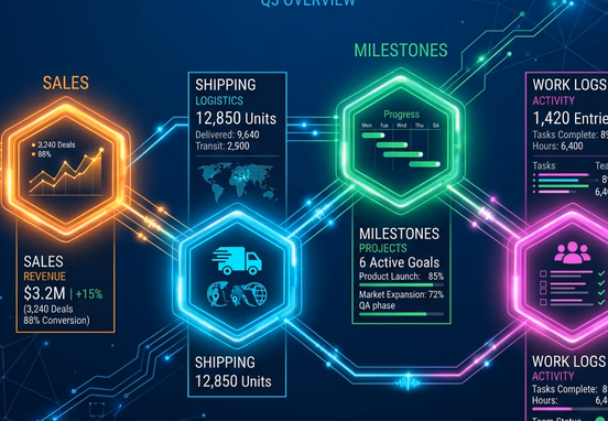 Modern graphic interface highlighting four interconnected glowing nodes representing sales shipping milestones and work logs